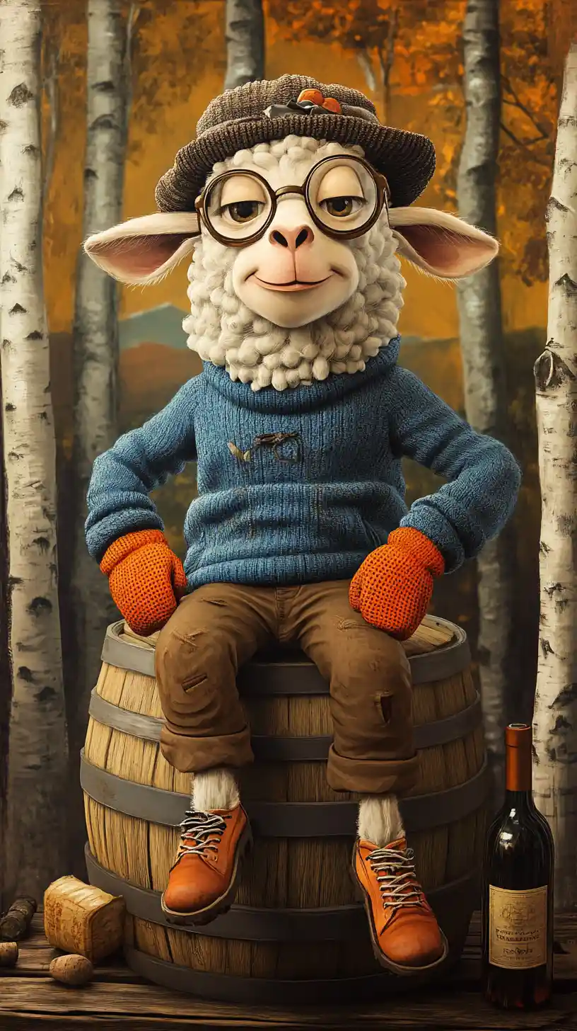 Happy cartoon sheep sitting on a wine barrel in forest