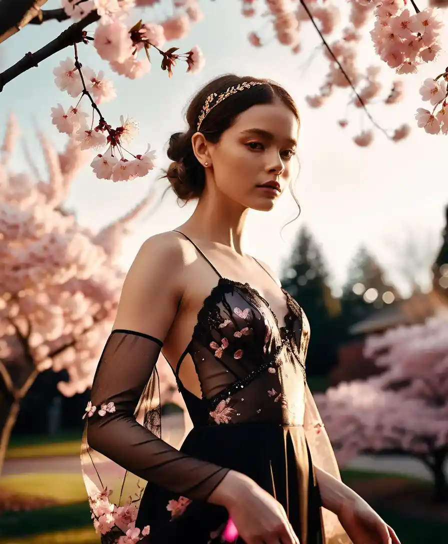 Oracle woman beneath drifting cherry blossoms in sunlight