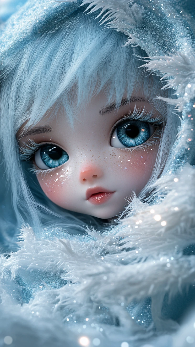Muñeca niña azul helado envuelta en una manta de invierno brillante
