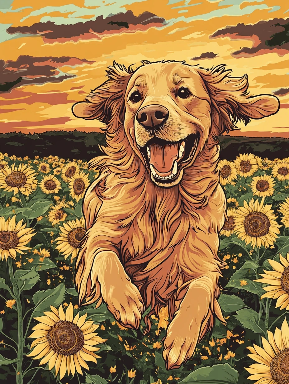 Golden retriever running through a pastel sunflower field
