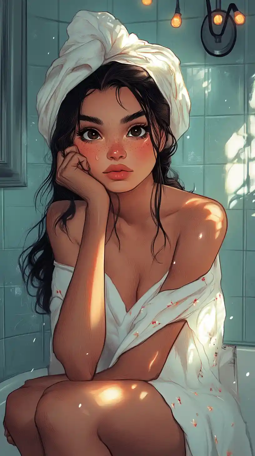 Latina girl relaxing in a cozy bathroom illustration