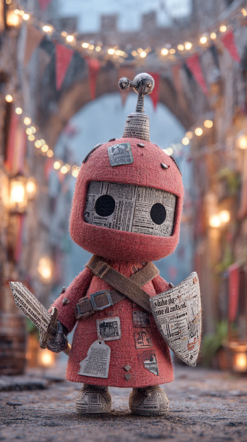 Felt knight toy before a medieval castle drawbridge