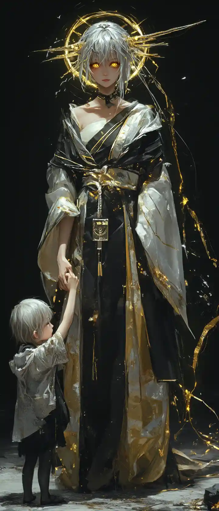 Melancholic fantasy woman with golden eyes holding a child