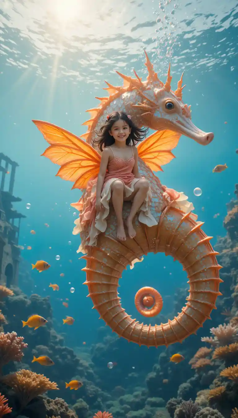 Girl riding a colossal seahorse through a sunlit ocean