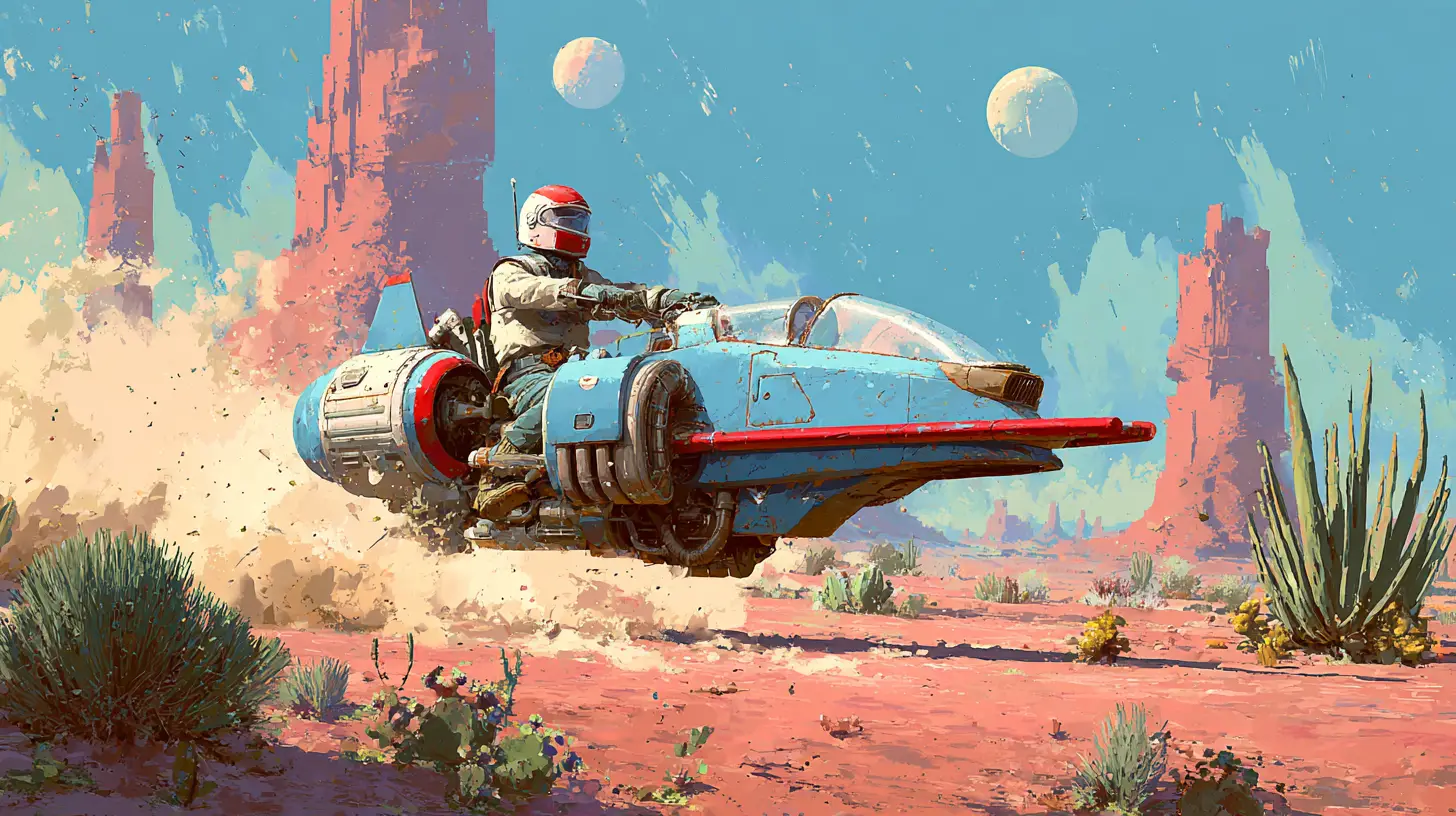 藍色科幻陸行飛車疾馳穿越外星沙漠