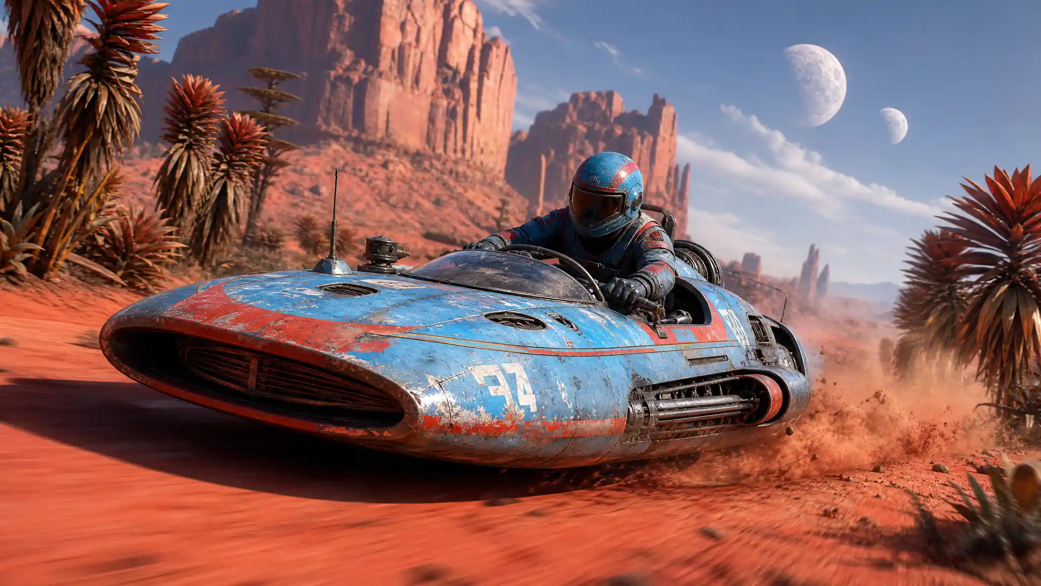 Blue land speeder racing through a dramatic alien desert