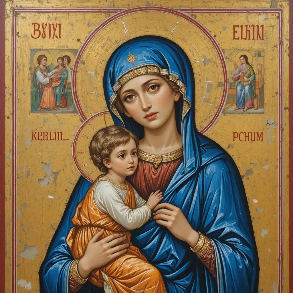 Byzantine icon of the Madonna and Child with golden halo