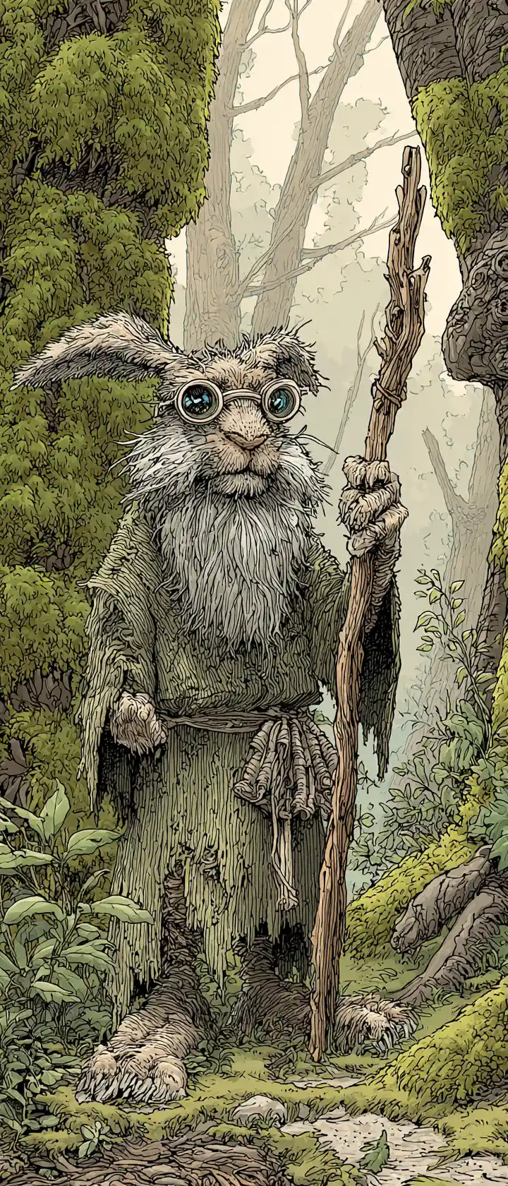 Elderly wizard rabbit in a mystical ancient forest