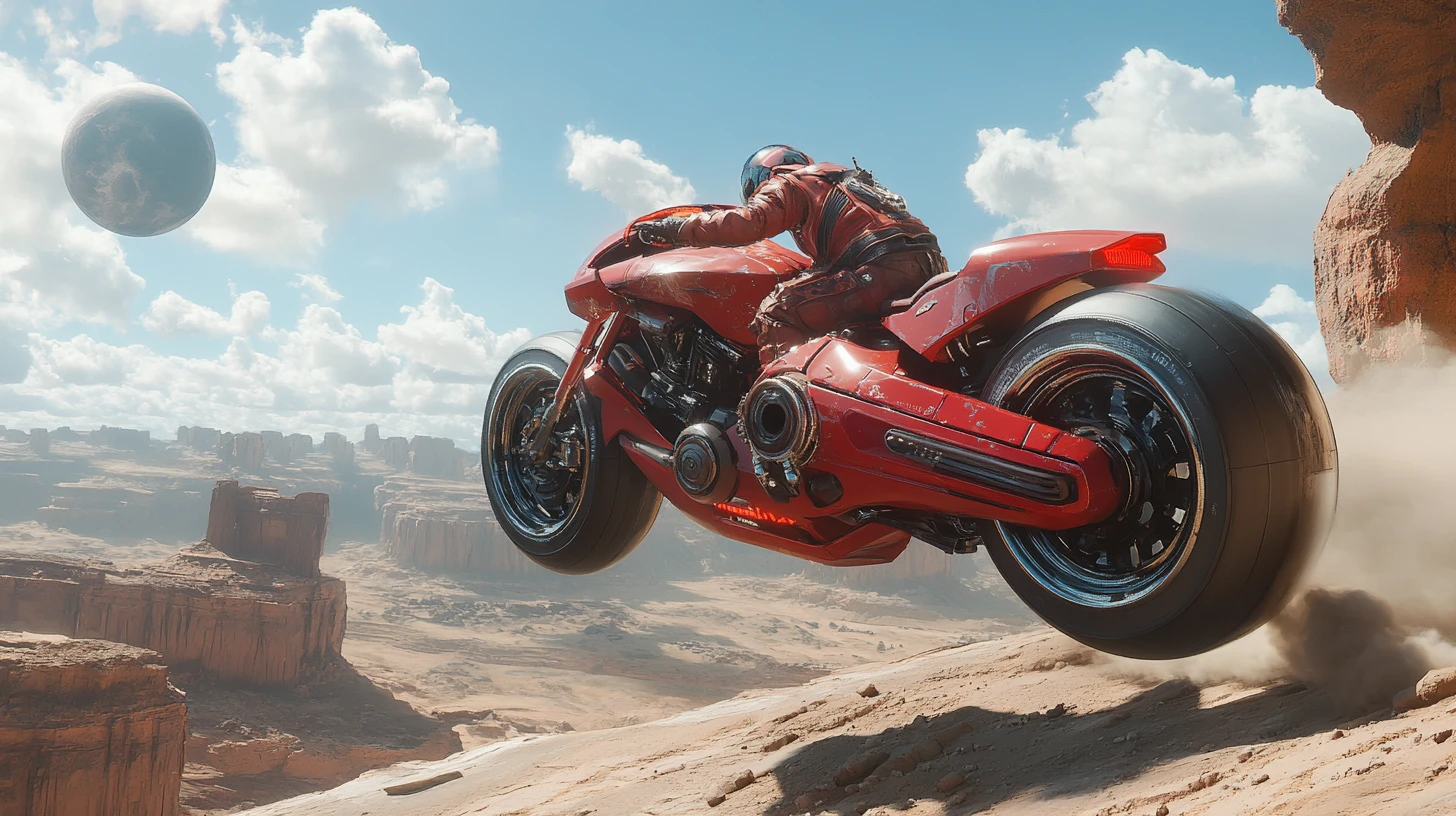 Futuristic red motorcycle jumping across alien desert canyon