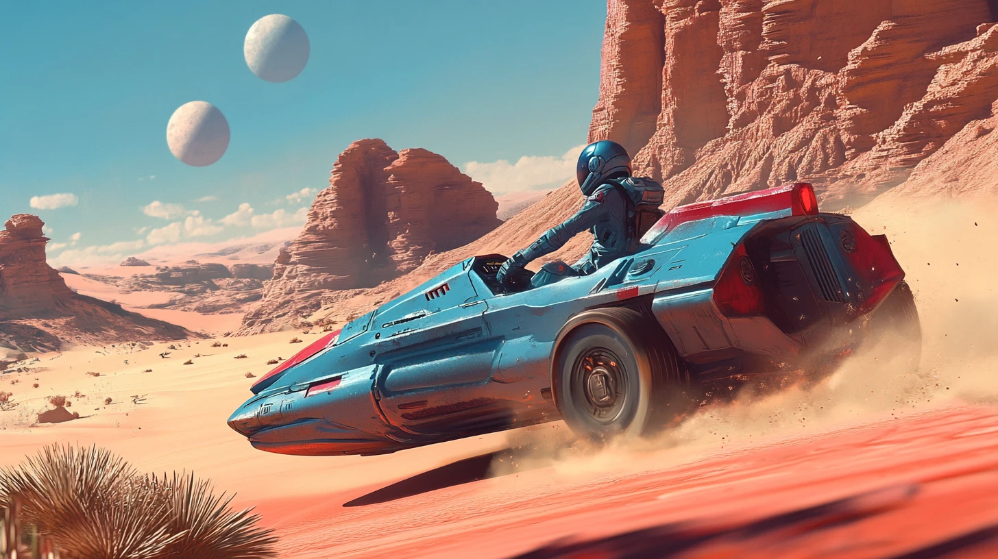 Sci fi speeder racing through an alien desert