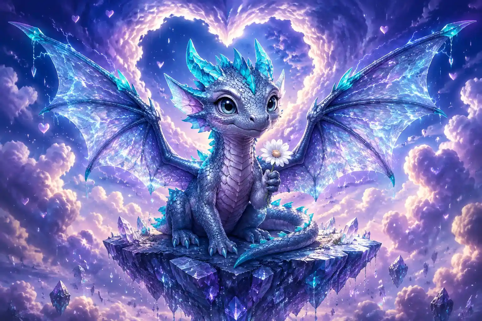 Cute storm dragon hatchling holding a daisy on crystal