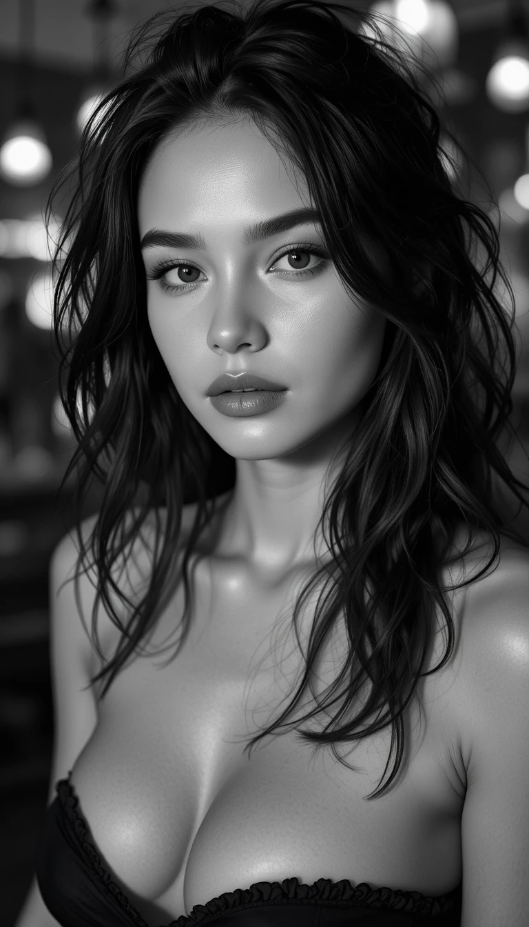Moody black and white portrait of a woman indoors
