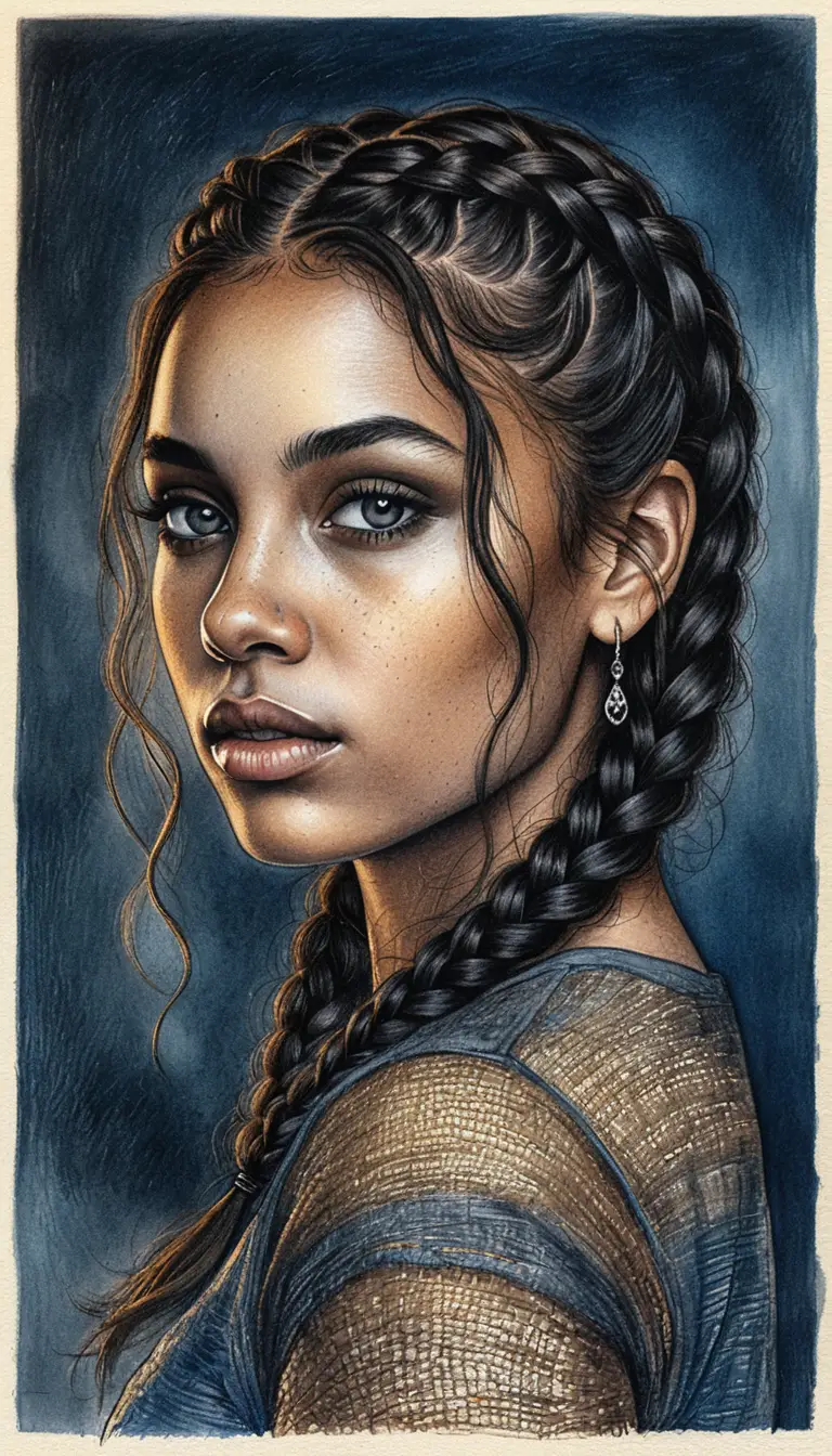 Young woman portrait with braids and dramatic lighting