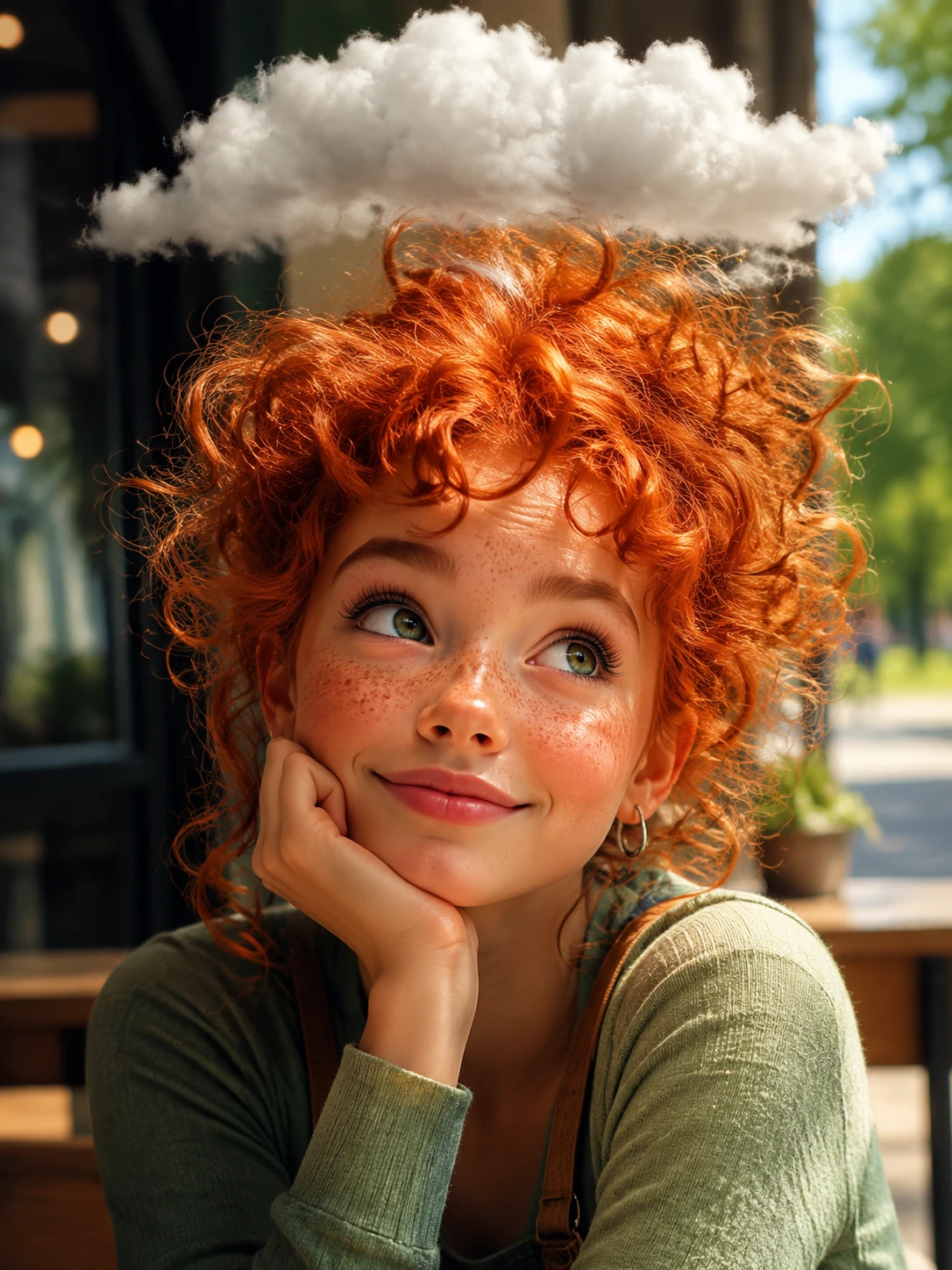 Retrato de chica pelirroja soñadora con nube blanca flotante
