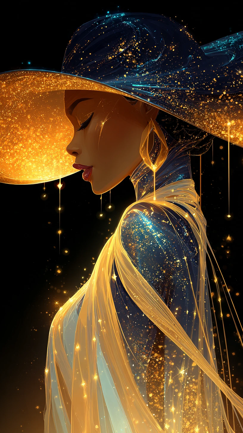 Ethereal woman in glittering cosmic hat and flowing scarf