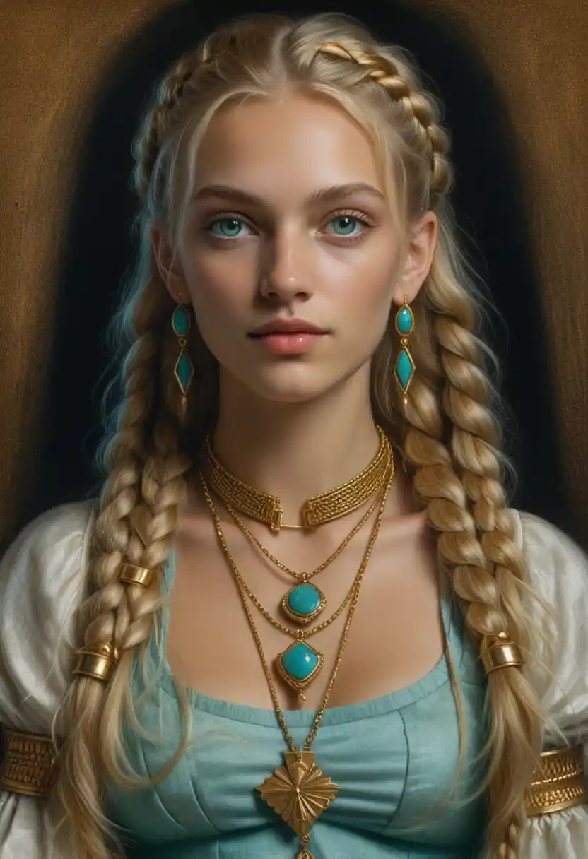 Blonde braided woman in candlelit colored pencil portrait