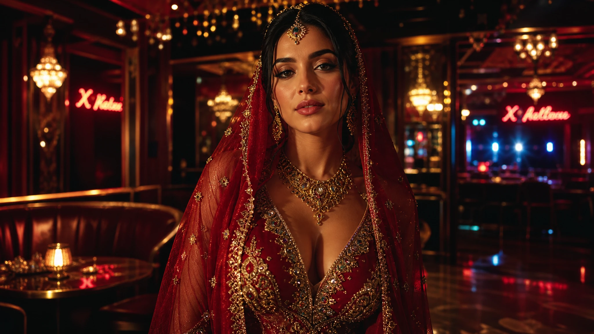 Elegant woman in red veil in glowing nightclub portrait
