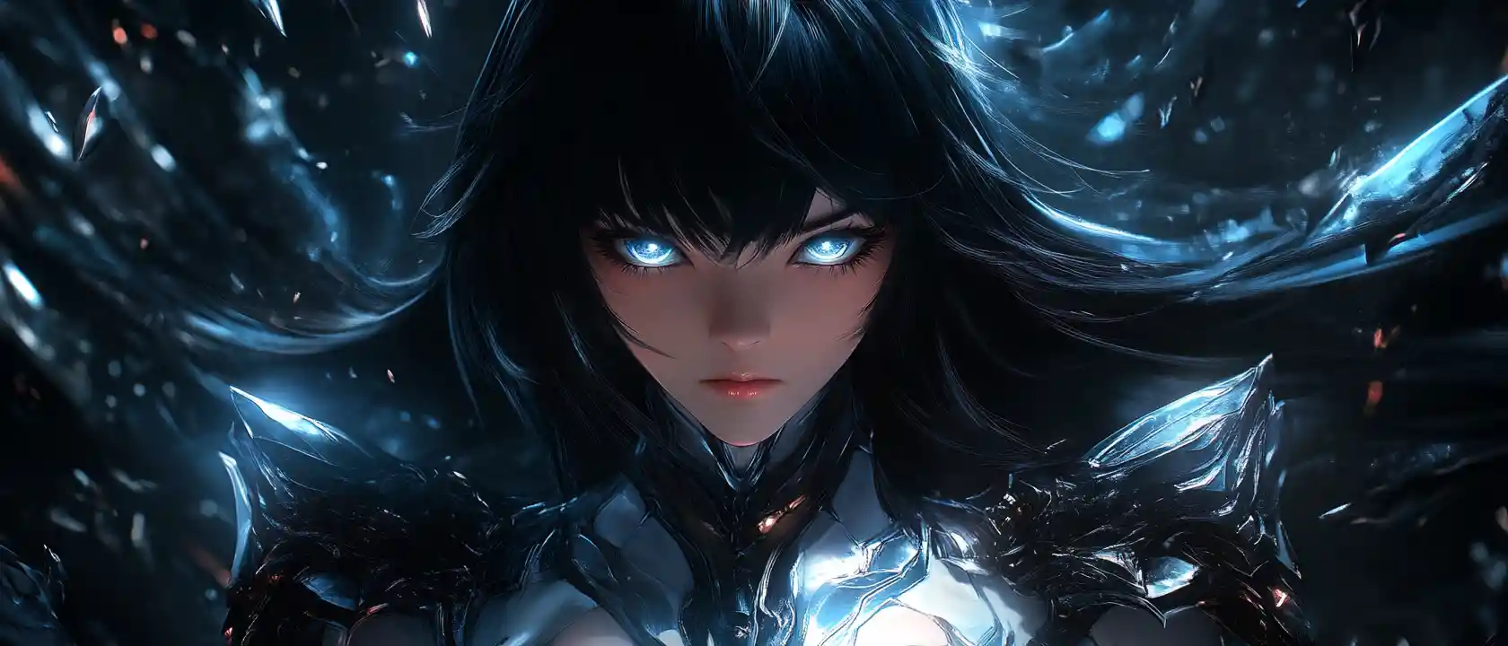 Sad 3D anime girl in glowing armored robe