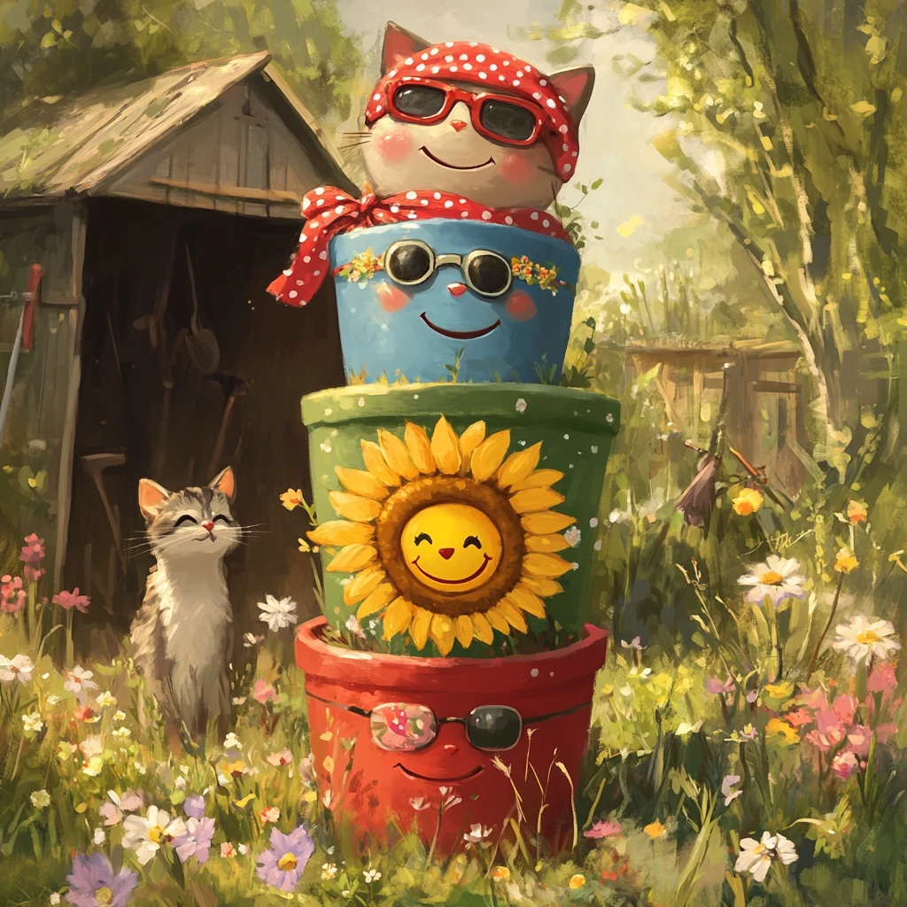 Vasi di fiori colorati e gatto curioso in un giardino soleggiato