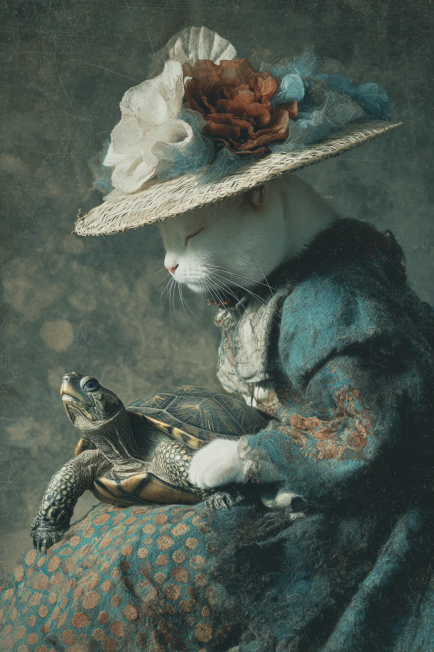 Sombrerero gato antropomórfico colocando un sombrero de papel a una tortuga