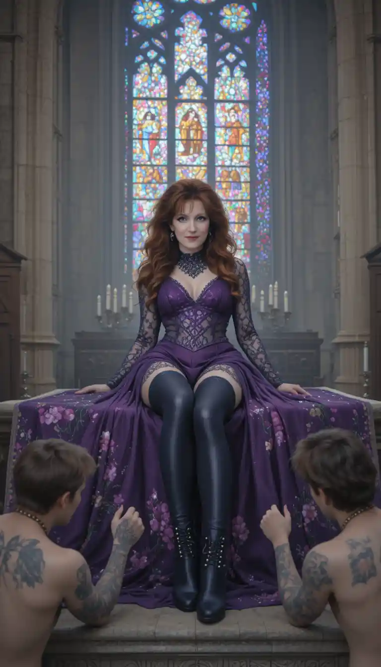 Goth woman reclining on a church altar in lace outfit