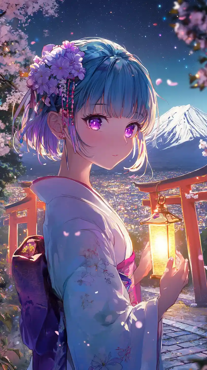 Anime girl with lantern in kimono under starry shrine sky