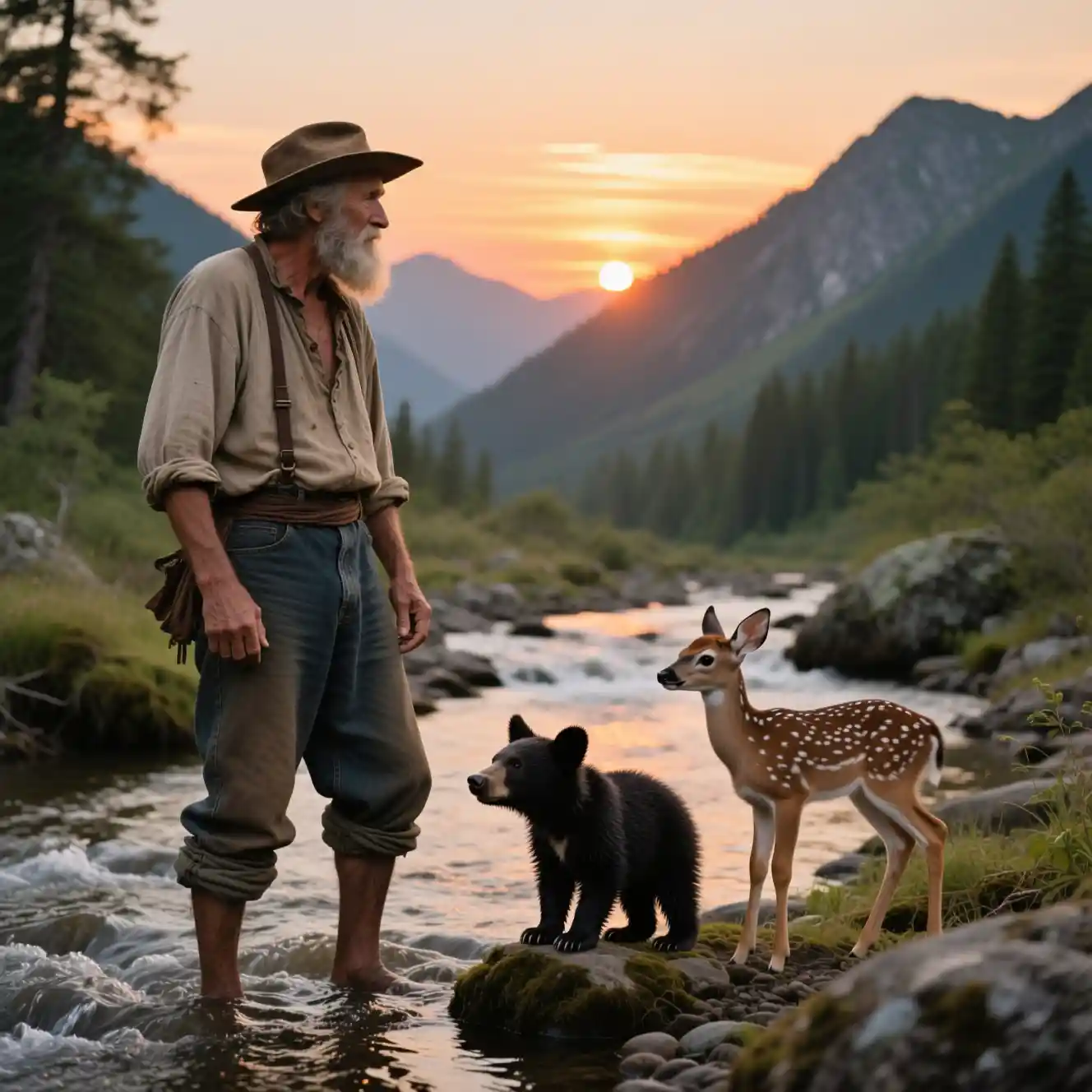 Old man standing in a mountain stream at sunset