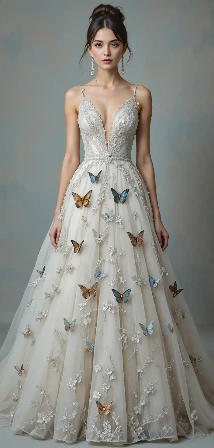 Woman in floral butterfly gown with ethereal tulle skirt