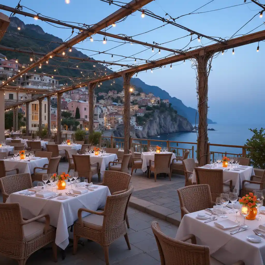 Romantic terrace dining overlooking an Italian coastal cliff town