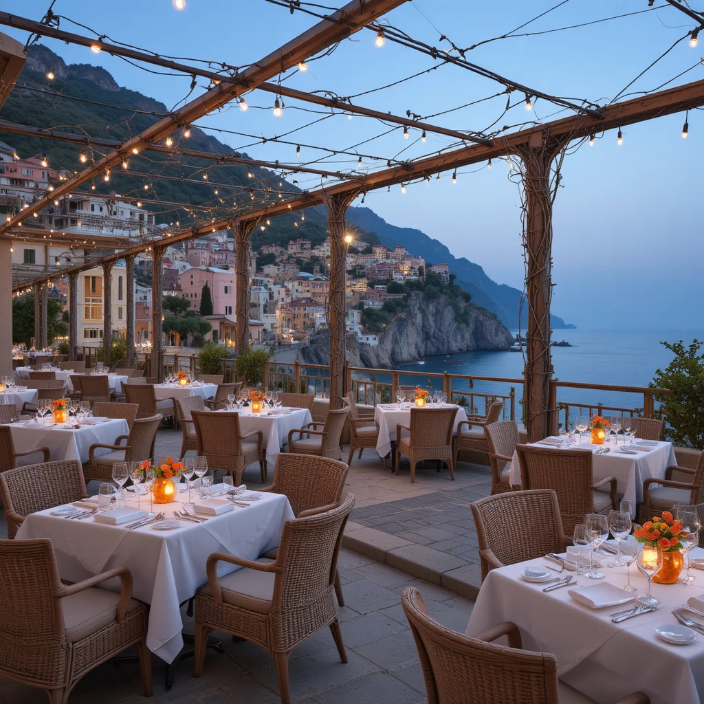 Romantic terrace dining overlooking an Italian coastal cliff town