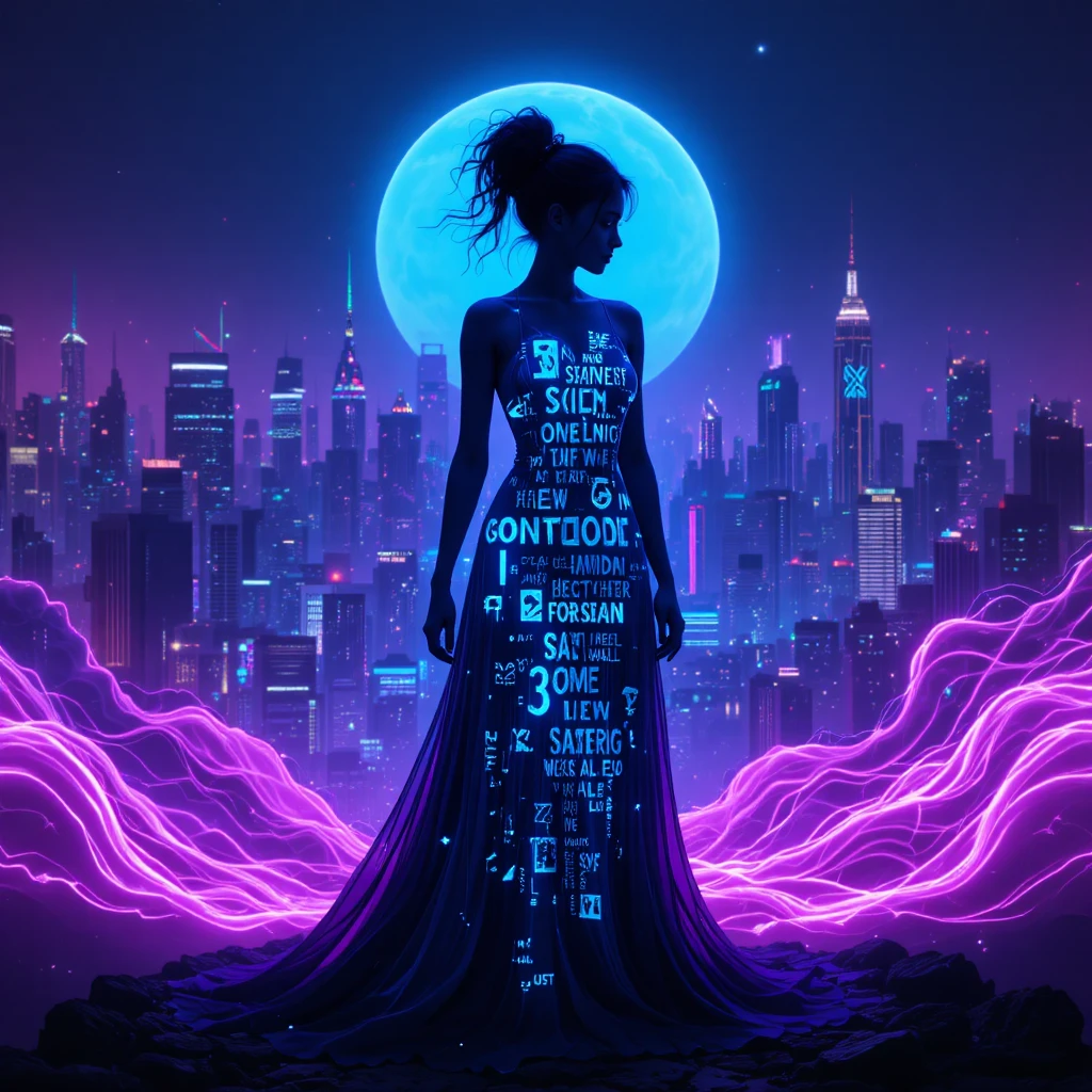 Ethereal woman of glowing text before a neon futuristic city