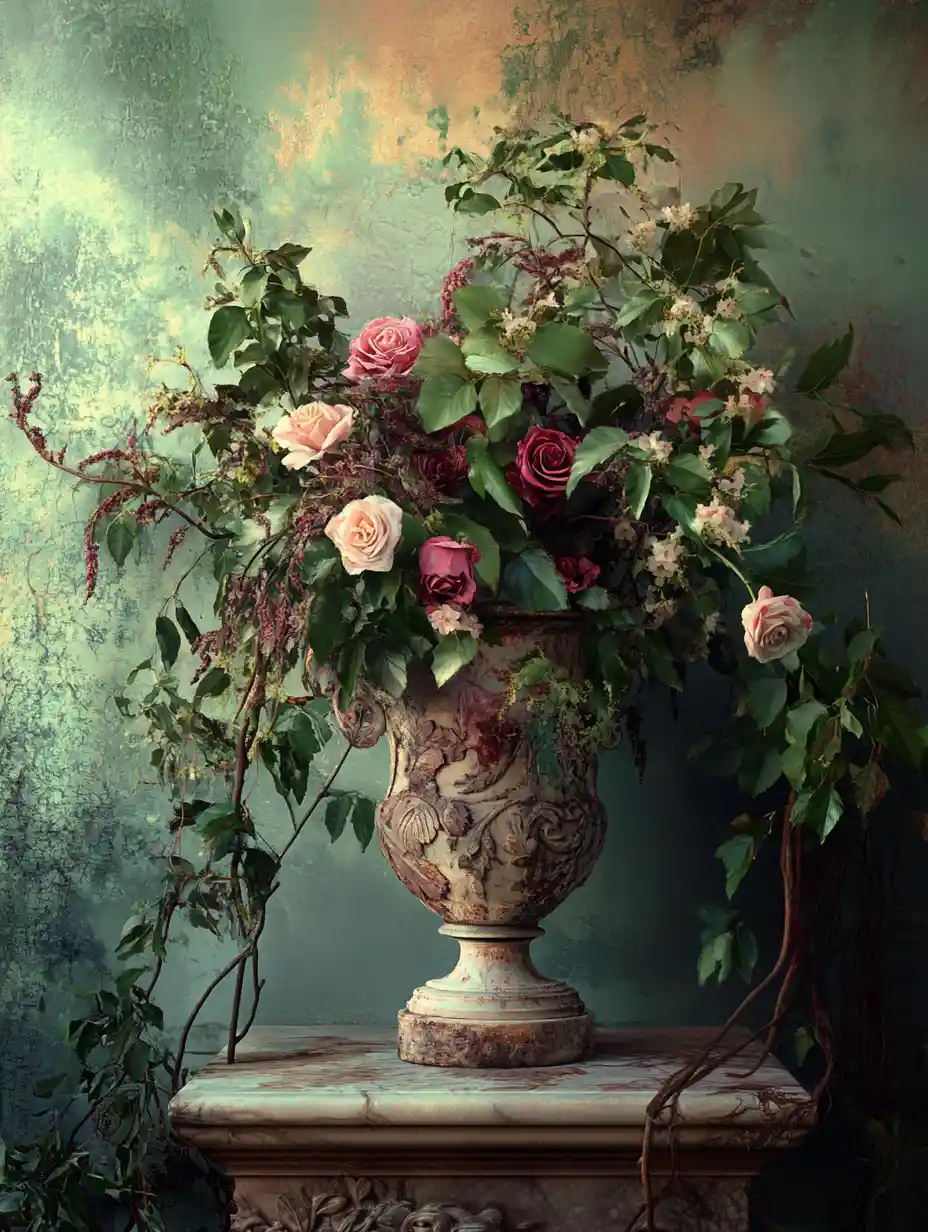 Baroque floral still life with weathered vase and molding wall
