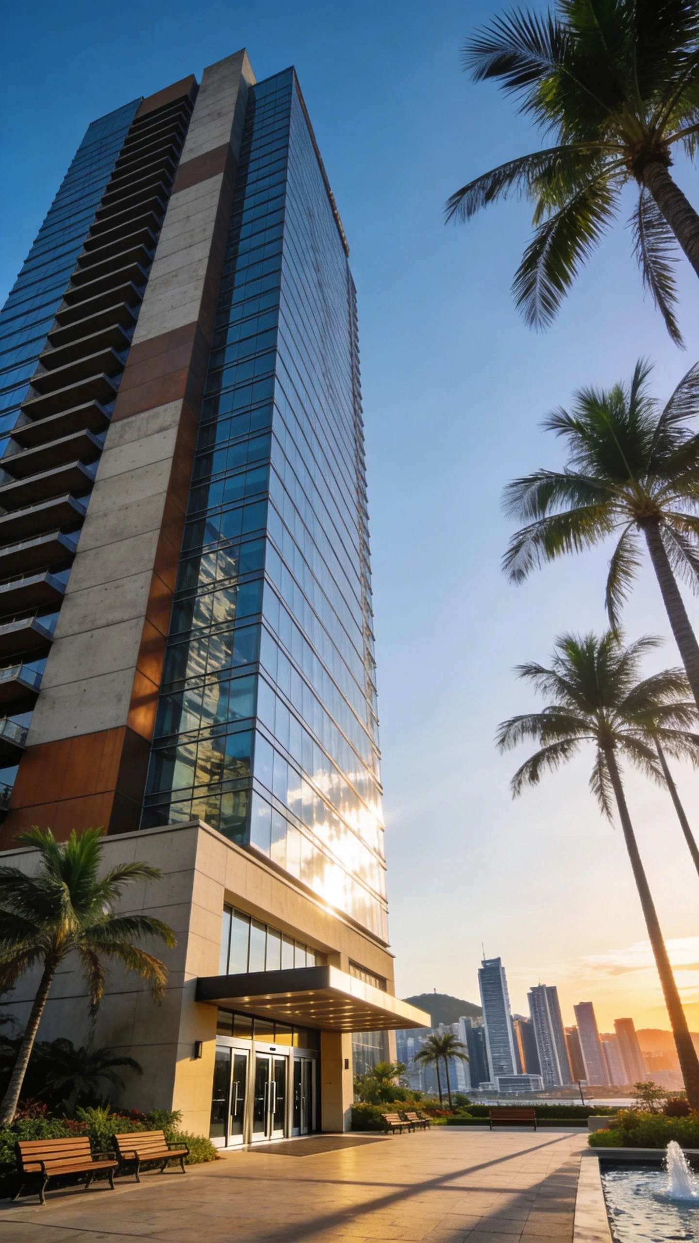 Modern glass office tower with tropical plaza at sunset