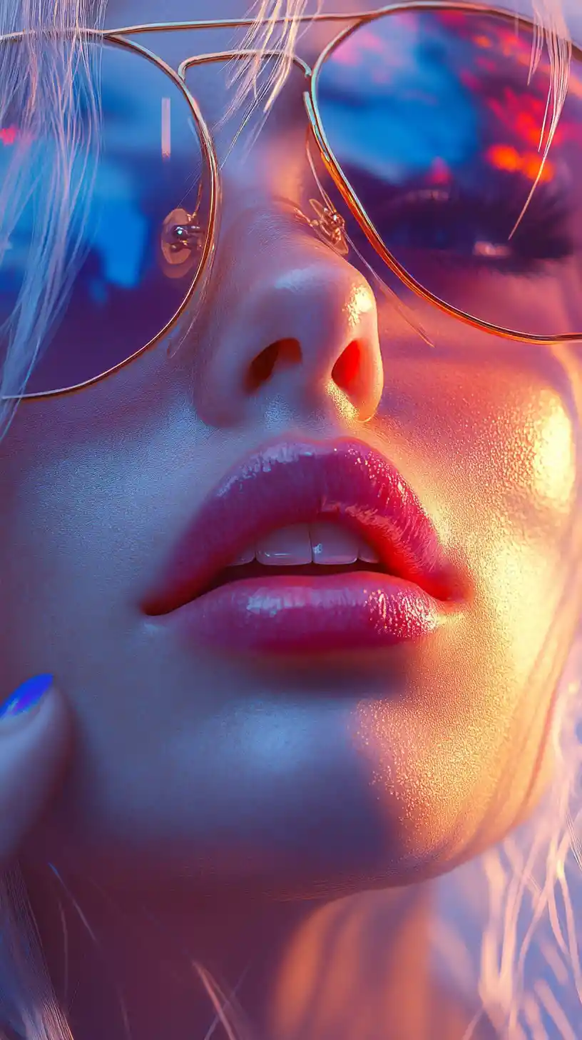 Close up of glossy lips and sunglasses on anime woman