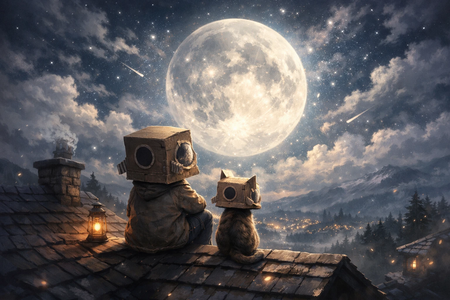 Child And Cat In Cardboard Helmets Under The Moon