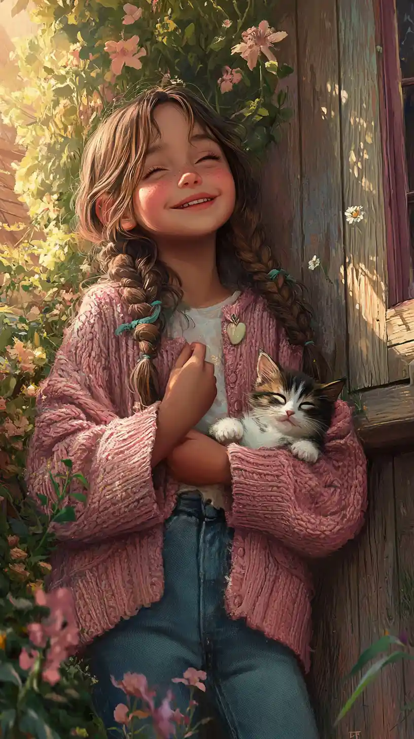 Smiling child holding a kitten by an old wooden hut