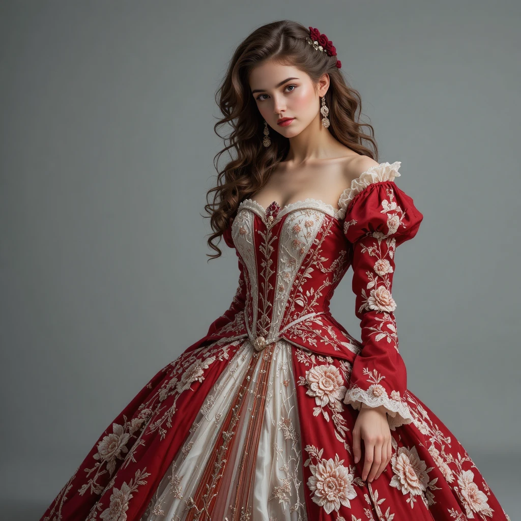 Elegant woman in red and white victorian inspired gown