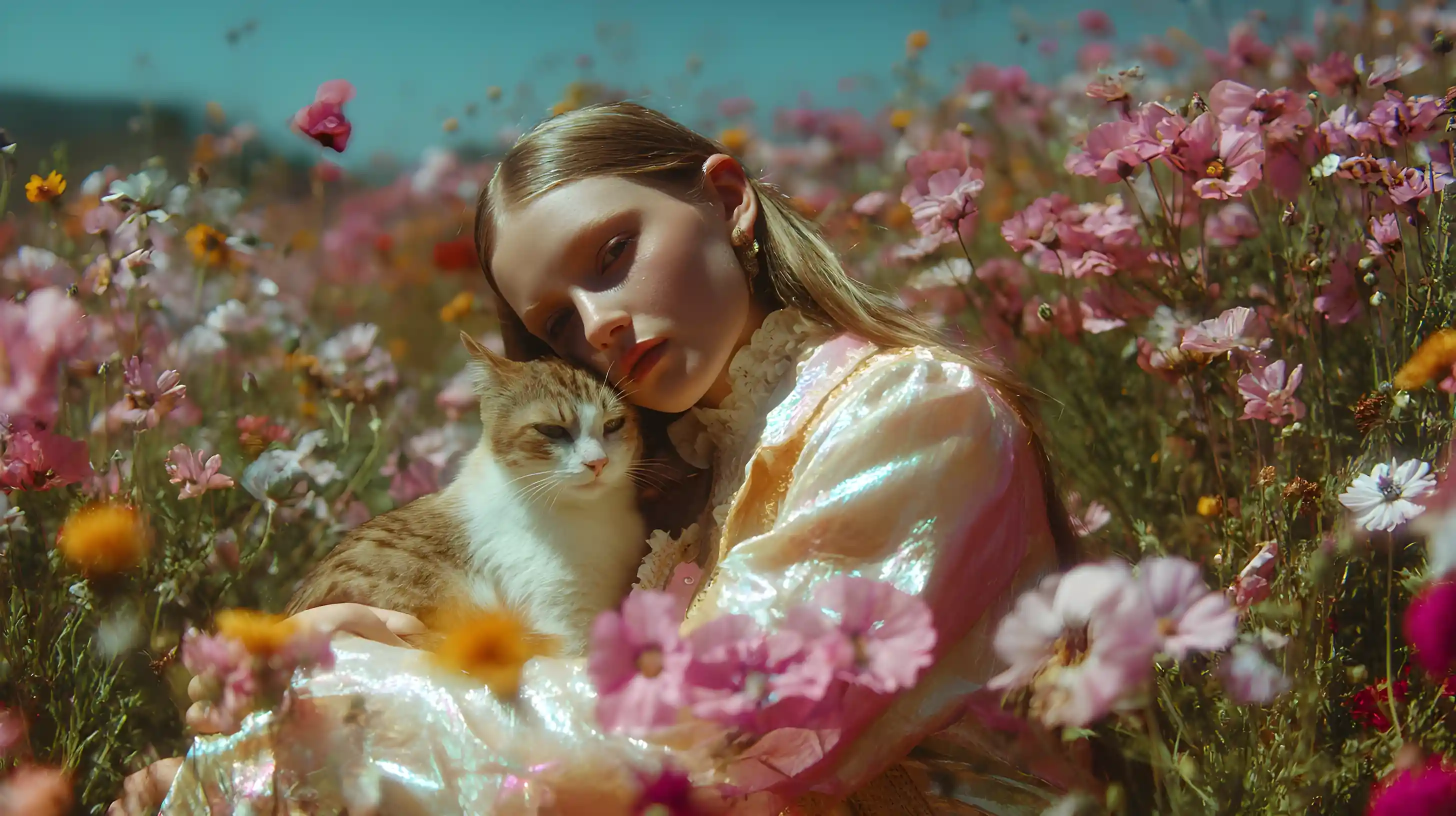Editorial fashion portrait of a girl with a cat