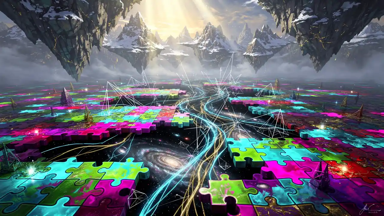 Surreal Neon Puzzle Landscape Over Cosmic Void