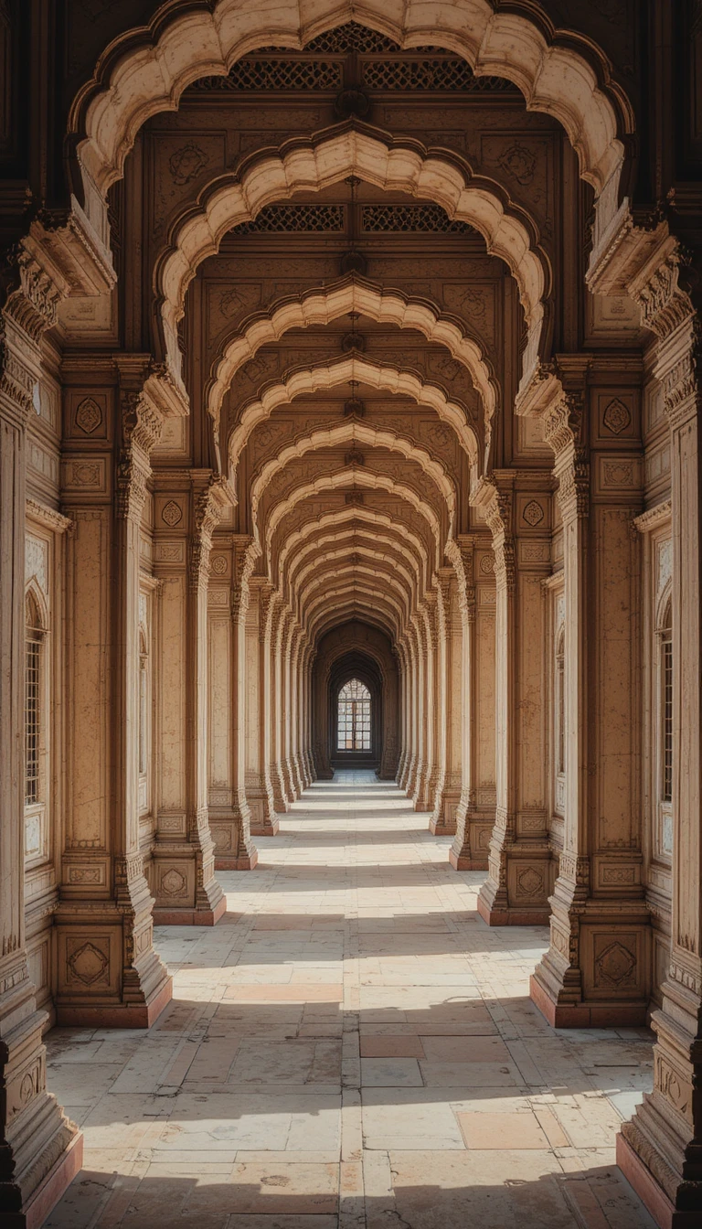 Cinematic view through arches of Jaipur palace corridor