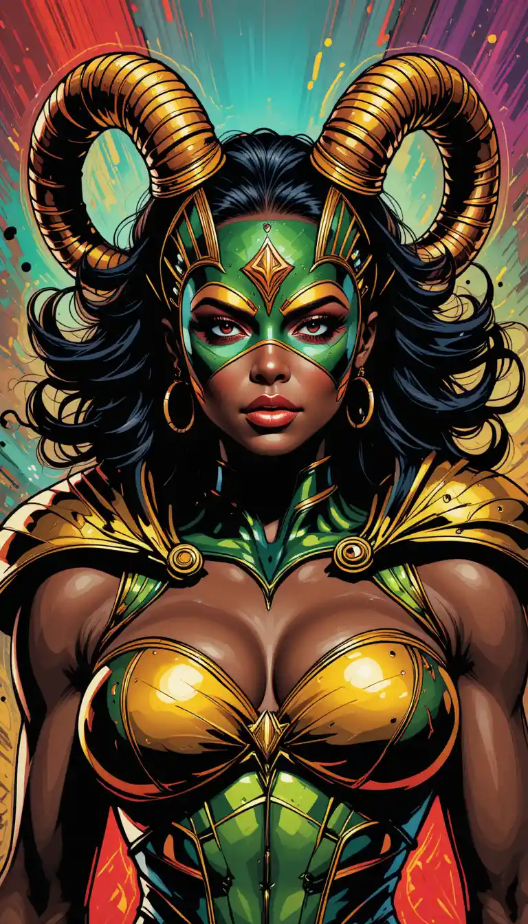 Horned masked warrior woman in bold comic portrait