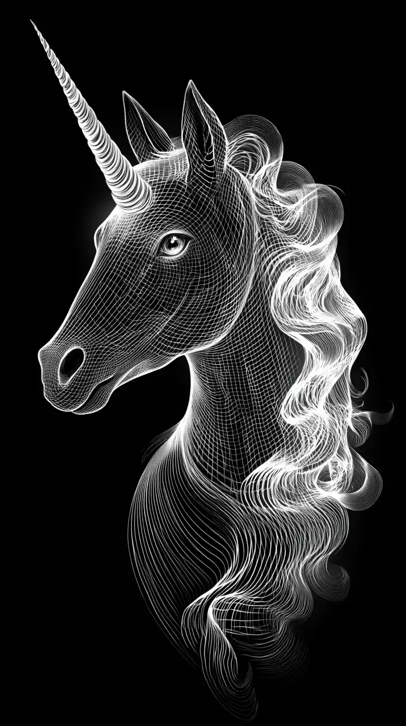 Graceful unicorn profile with glowing horn on black