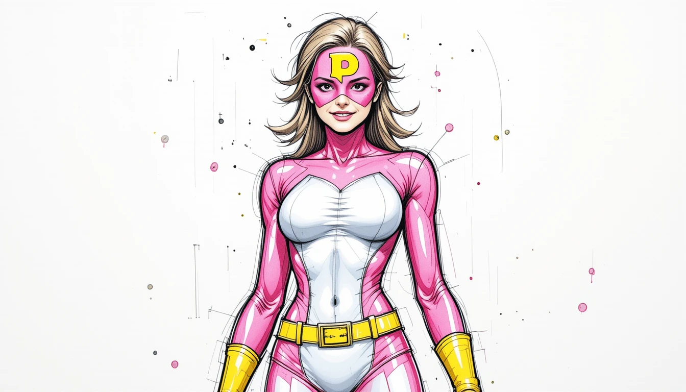 Pencil sketch of a female superhero in a pink costume