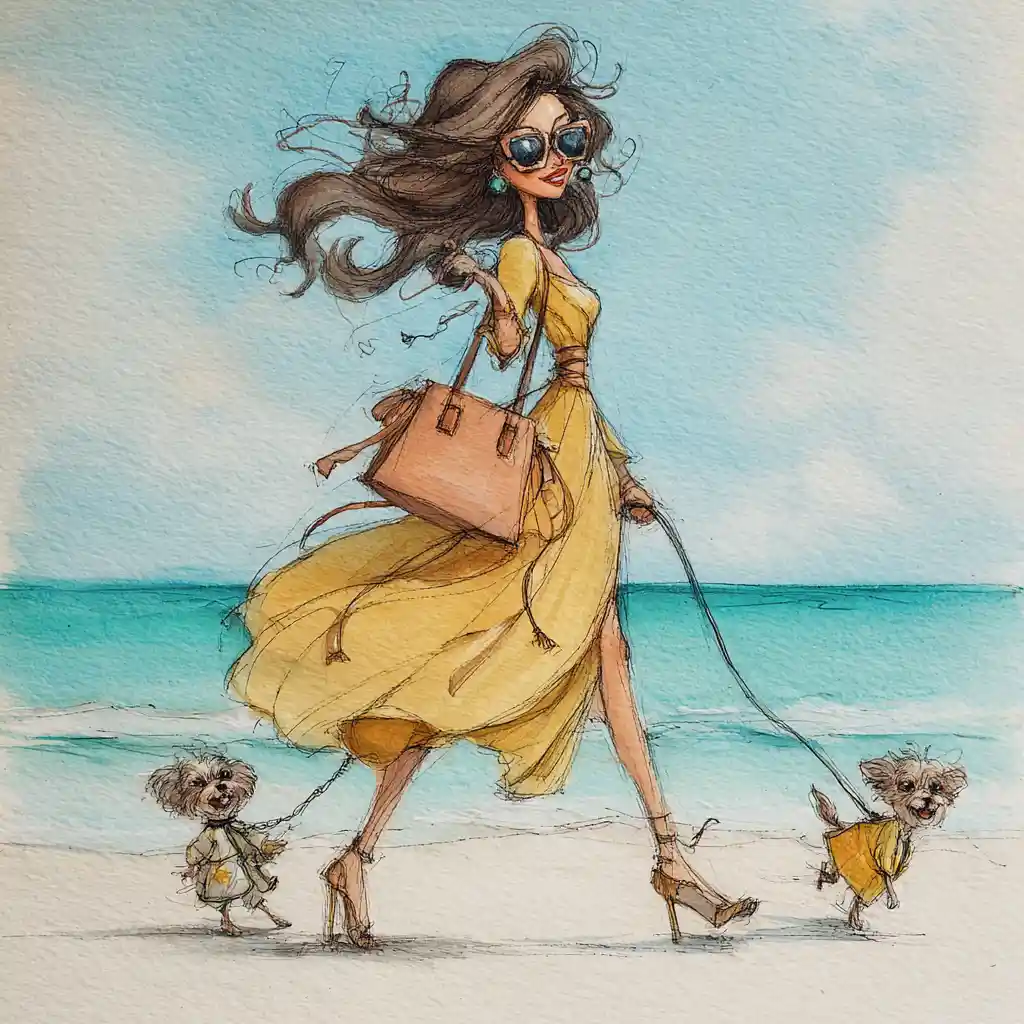 Stylish woman in yellow dress walking trolls on beach