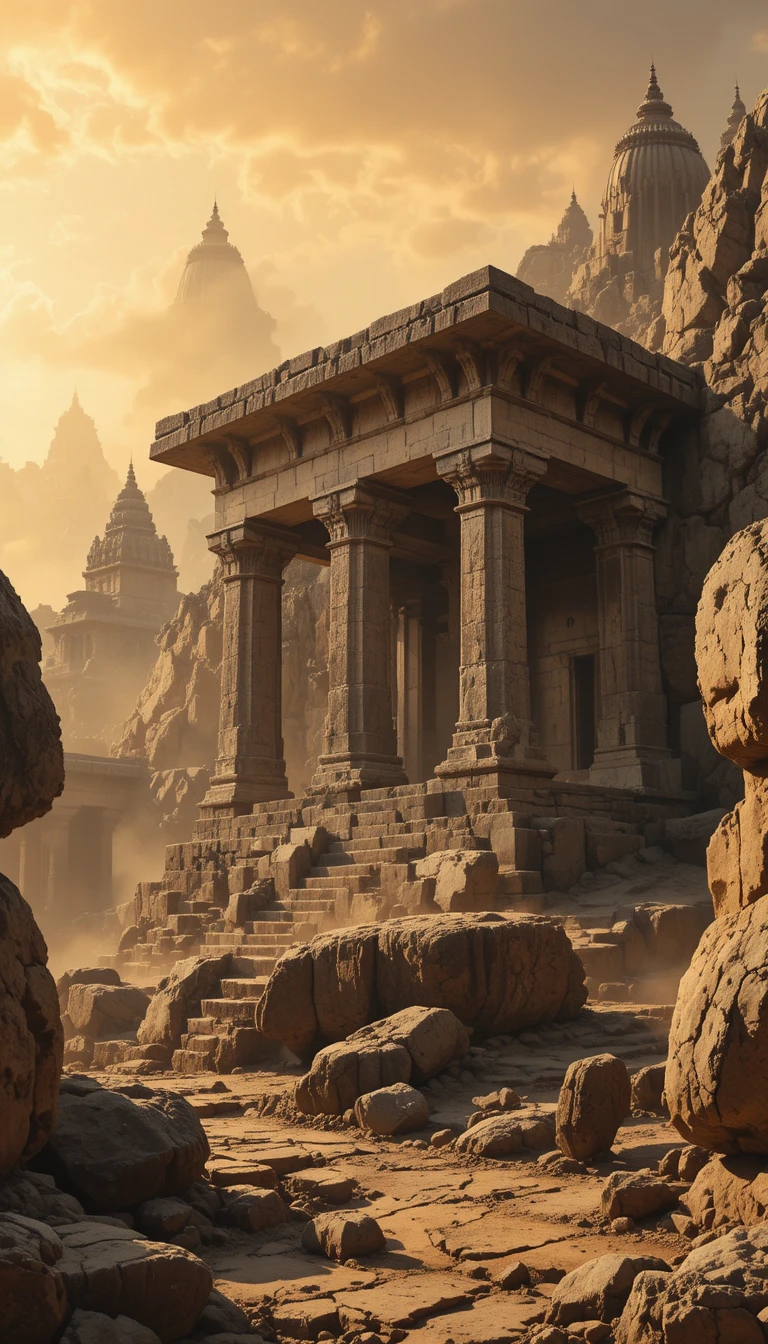 Ancient stone temple of Hampi amid colossal balancing boulders