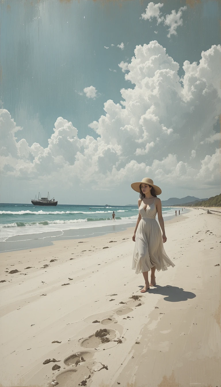 Abstract beach painting with distant joyful woman walking
