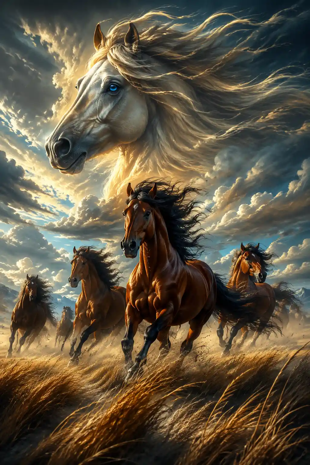 Wild horses running freely across open windy grassland