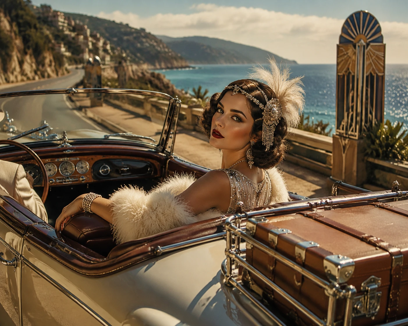 Flapper style woman in a vintage convertible on coastal road