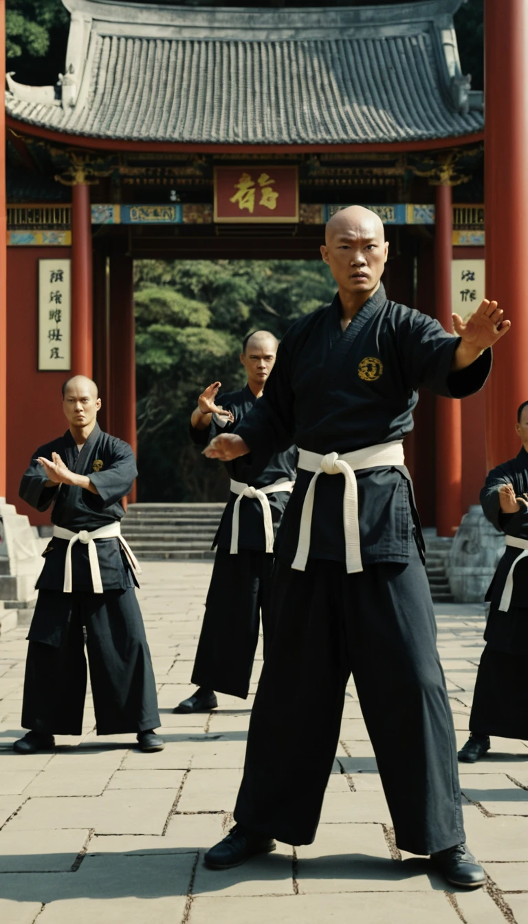 Martial artists facing opponents at a pagoda gate in battle