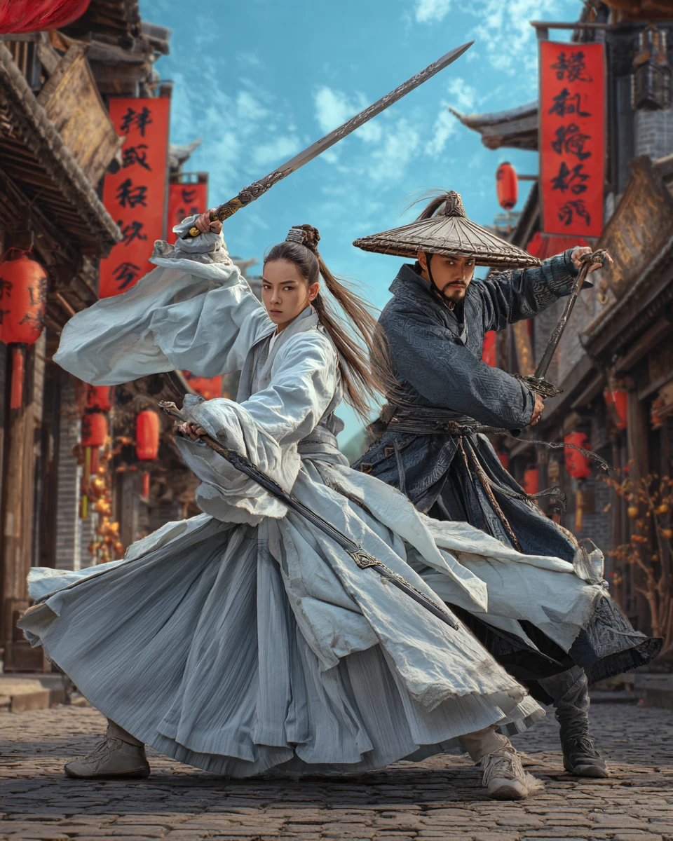 Artistas marciales se enfrentan en la plaza de una antigua ciudad de agua china